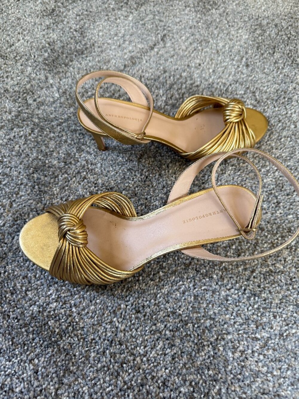 Anthropologie Gold Knotted Kitten Heels